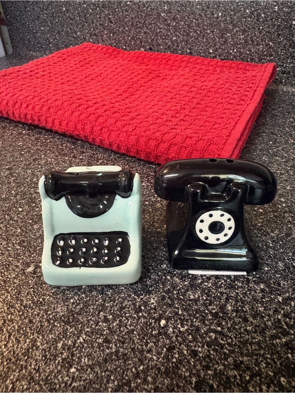 Black & Light Blue Retro Telephone & Typewriter Salt and Pepper Shakers